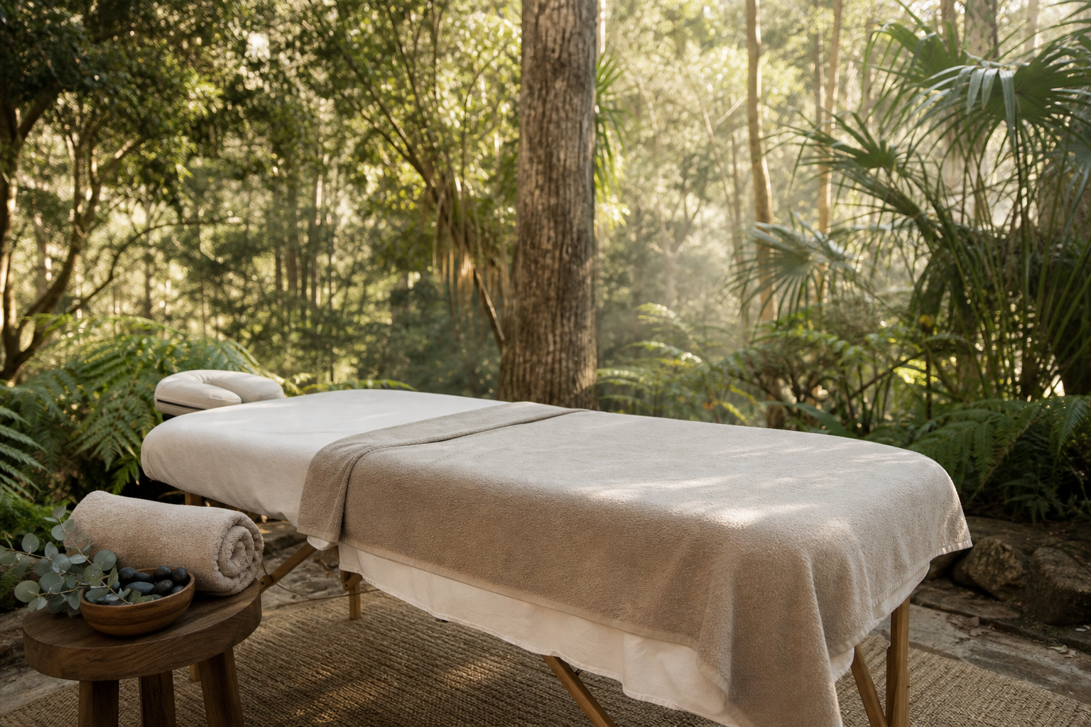 Massage table set up among lush Noosa Hinterland greenery